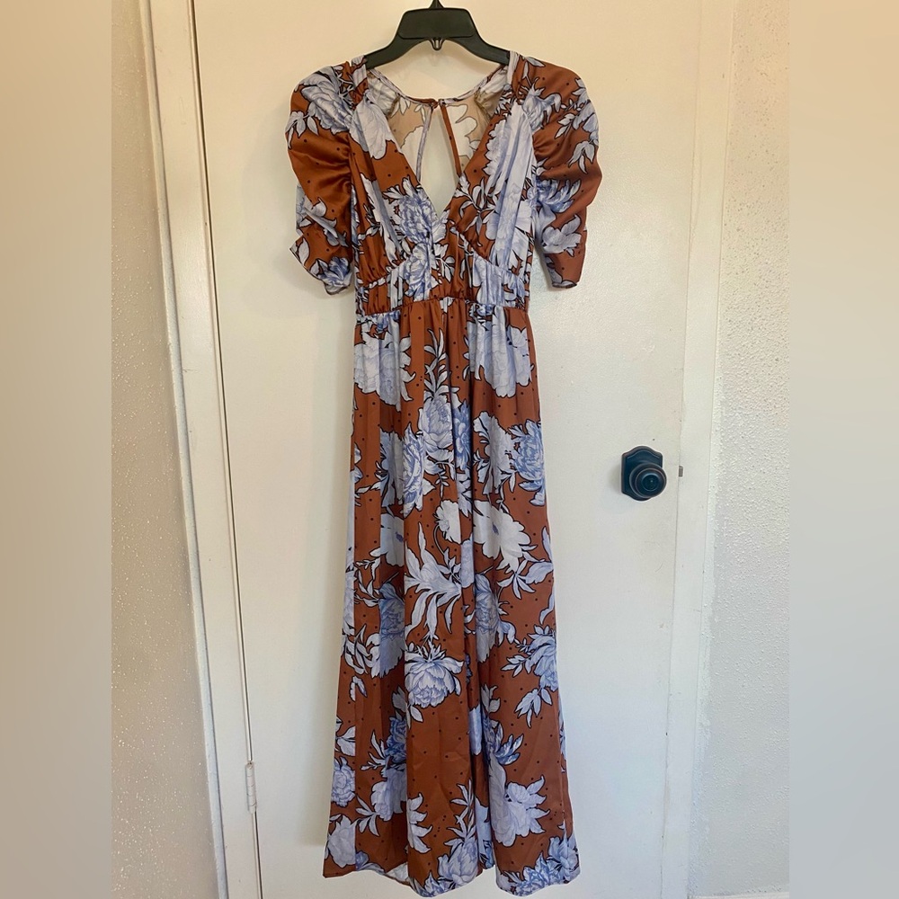 ASOS maxi jumpsuit in amber with blue floral pattern and open back